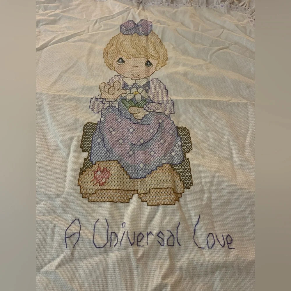 Vintage Precious Moments Handmade Cross stitched Baby Blanket w/ Eyelet Ruffle - Picture 2 of 14